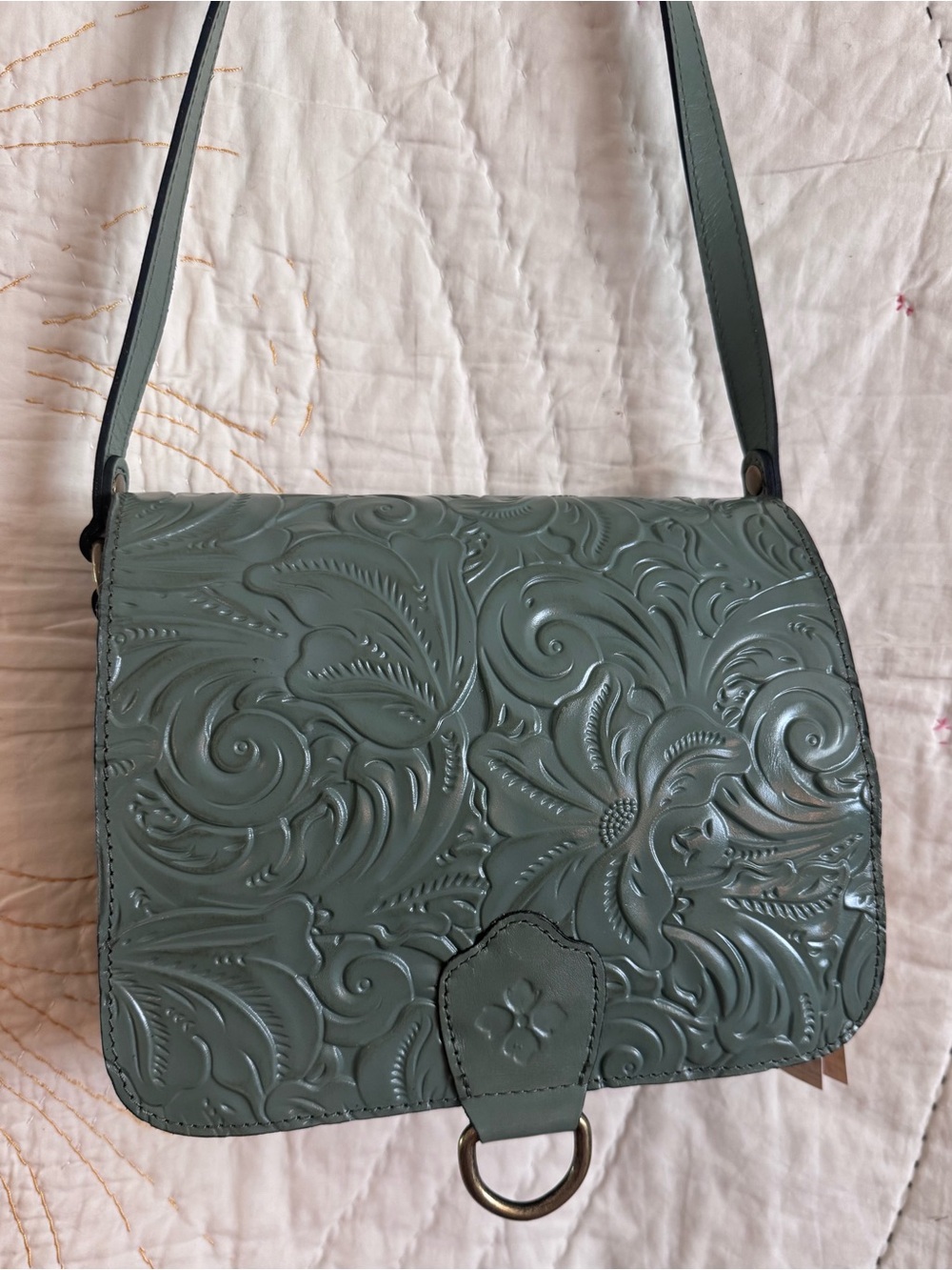 Patricia Nash Tooled Leather Ilina Crossbody Bag in Sage Green